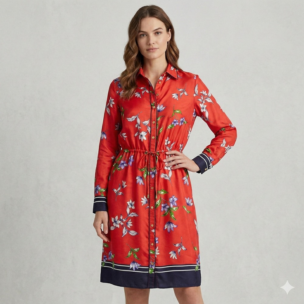 Lauren Ralph Lauren Floral Shirt Dress Red Blue Size 6‎ Button Front Satin Midi